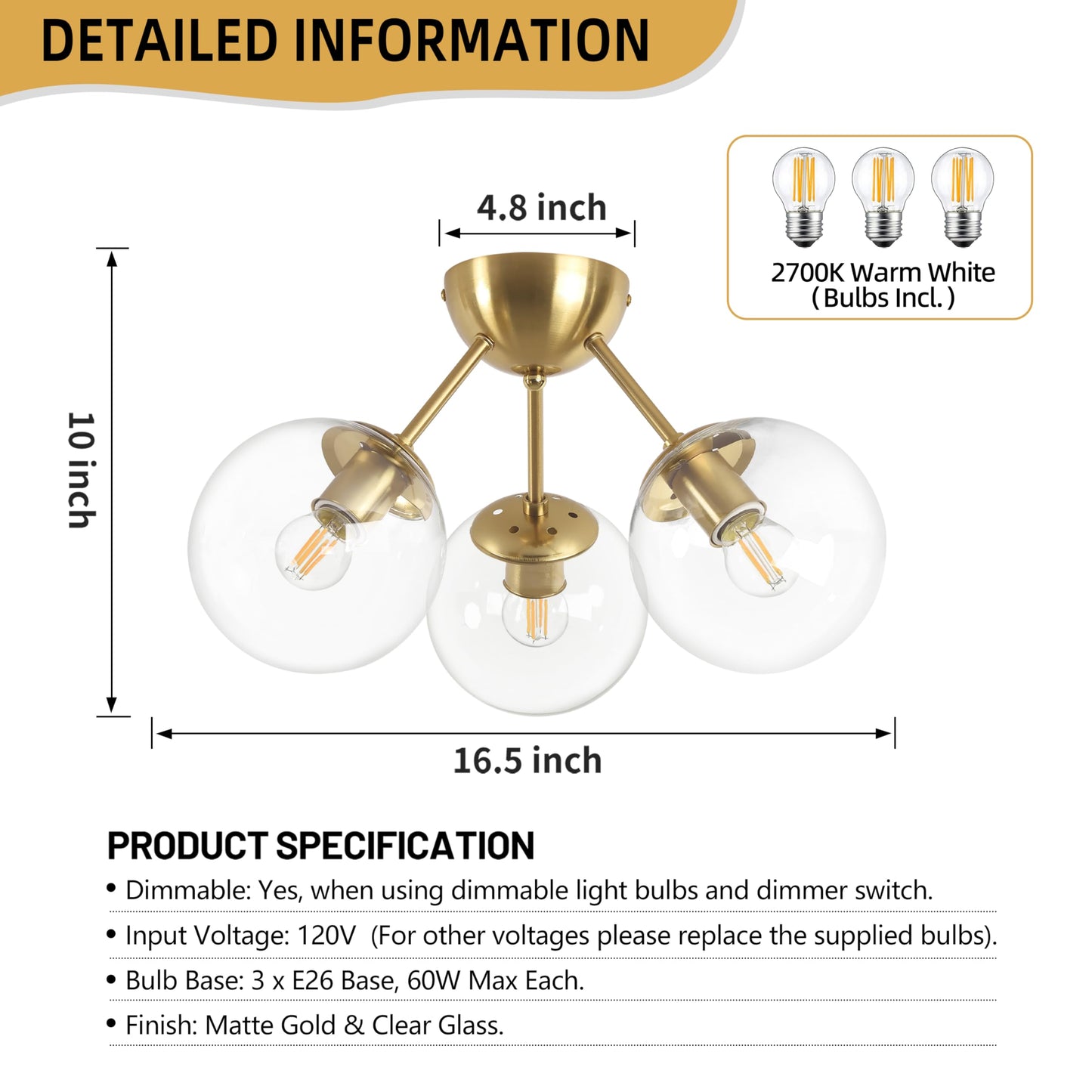 Bagood Mid-Century Modern Semi Flush Mount Ceiling Light 3 Lights Clear Glass Modern Globe Ceiling Light Gold Brass Sputnik Chandeliers for Hallway Entryway Kitchen Bedroom Laundry(Bulb Incl.)