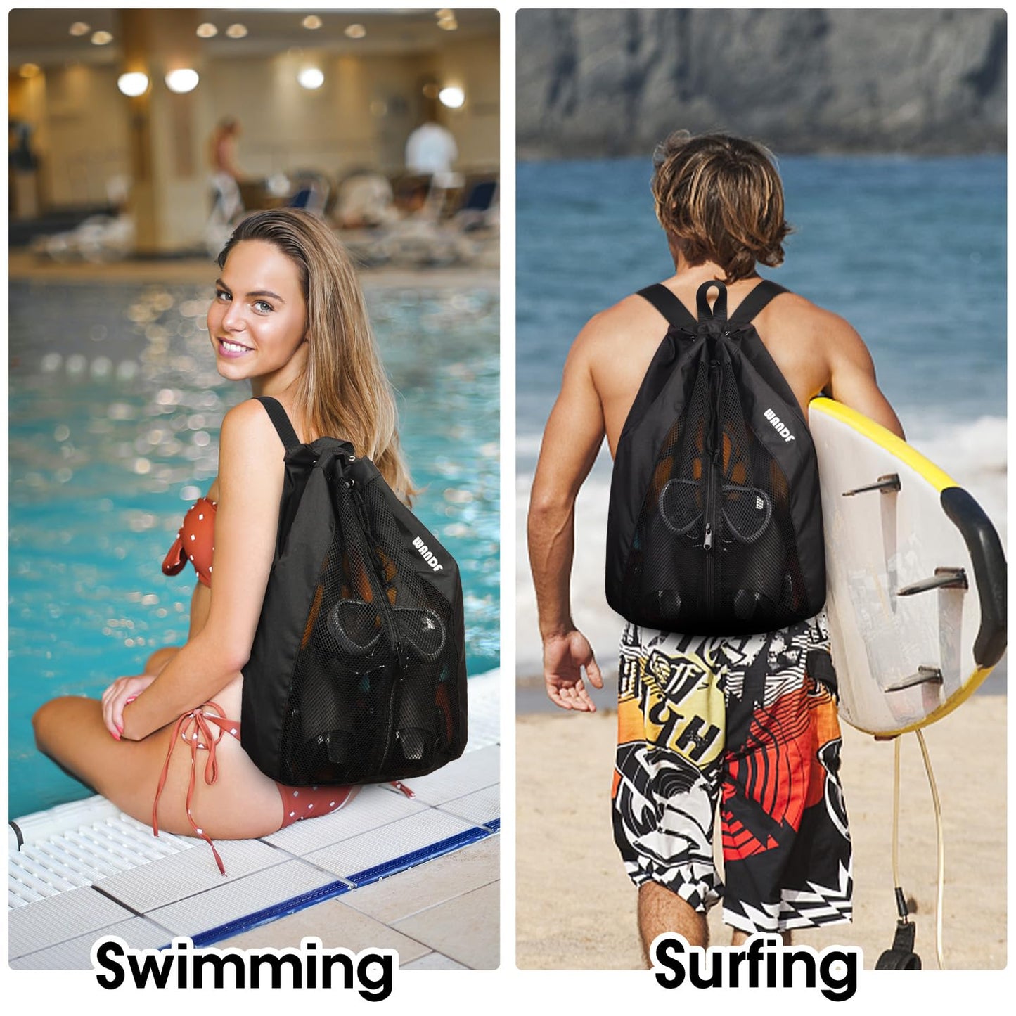 WANDF Swim Bag for Swimmers, Mesh Beach Backpack (M,Black)