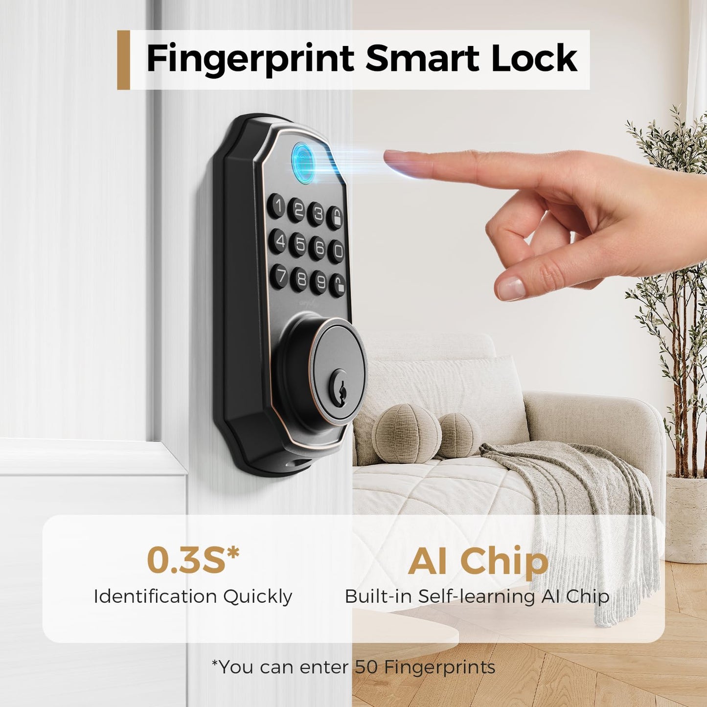 ARPHA Fingerprint Smart Door Lock - Keyless Entry Door Lock, Built-in WiFi Deadbolt with Keypad, APP Remote Control, Easy Installation (WiFi+Fingerprint+Password)