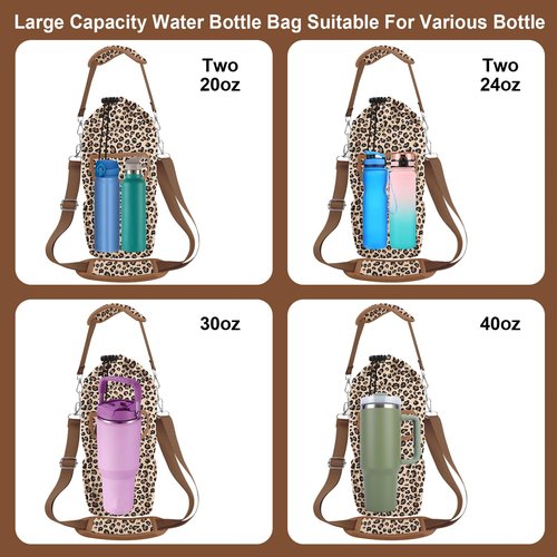 Leopard Water Bottle Holder with Strap,Water Bottle Carrier Bag with Phone Pocket for Stanley Cup 40/32/30oz Tumbler, Insulated Crossbody Sling Bottle Pouch with Adjustable Shoulder for Hiking Camping