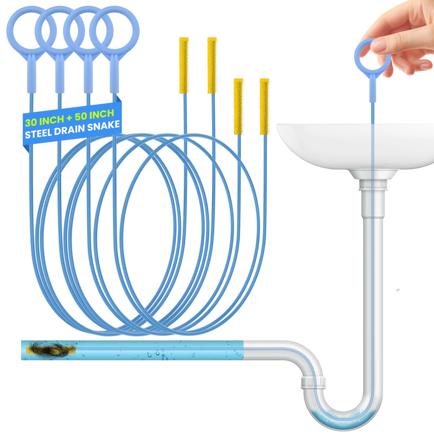 MILYARD 4 Pcs Drain Snake Hair Clog Remover Tool, 50 Inch & 30 Inch Blue Nylon Coated Ring, Anti-Break Flexible Metal Plumbing Snake Tool for Bathroom Sink, Tub, Shower