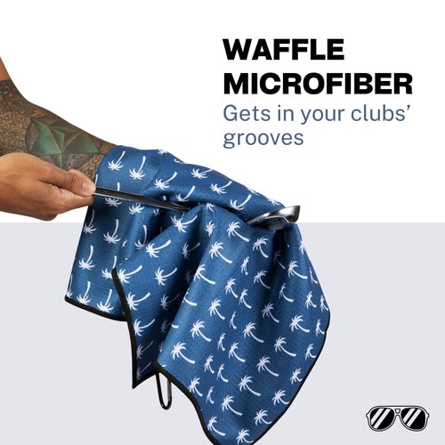 Magnetic Golf Towel with Carabiner Clip & Extra Strong Magnet - 24 x 16 in. Waffle Microfiber Golf Bag Towel - Blue Golf Towels for Golf Bags Women & Men (Blue, Palm Trees)