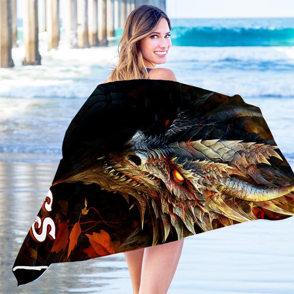 Personalized Dragon Beach Towel - Custom Black Dragon Design for Kids & Adults | Large Size