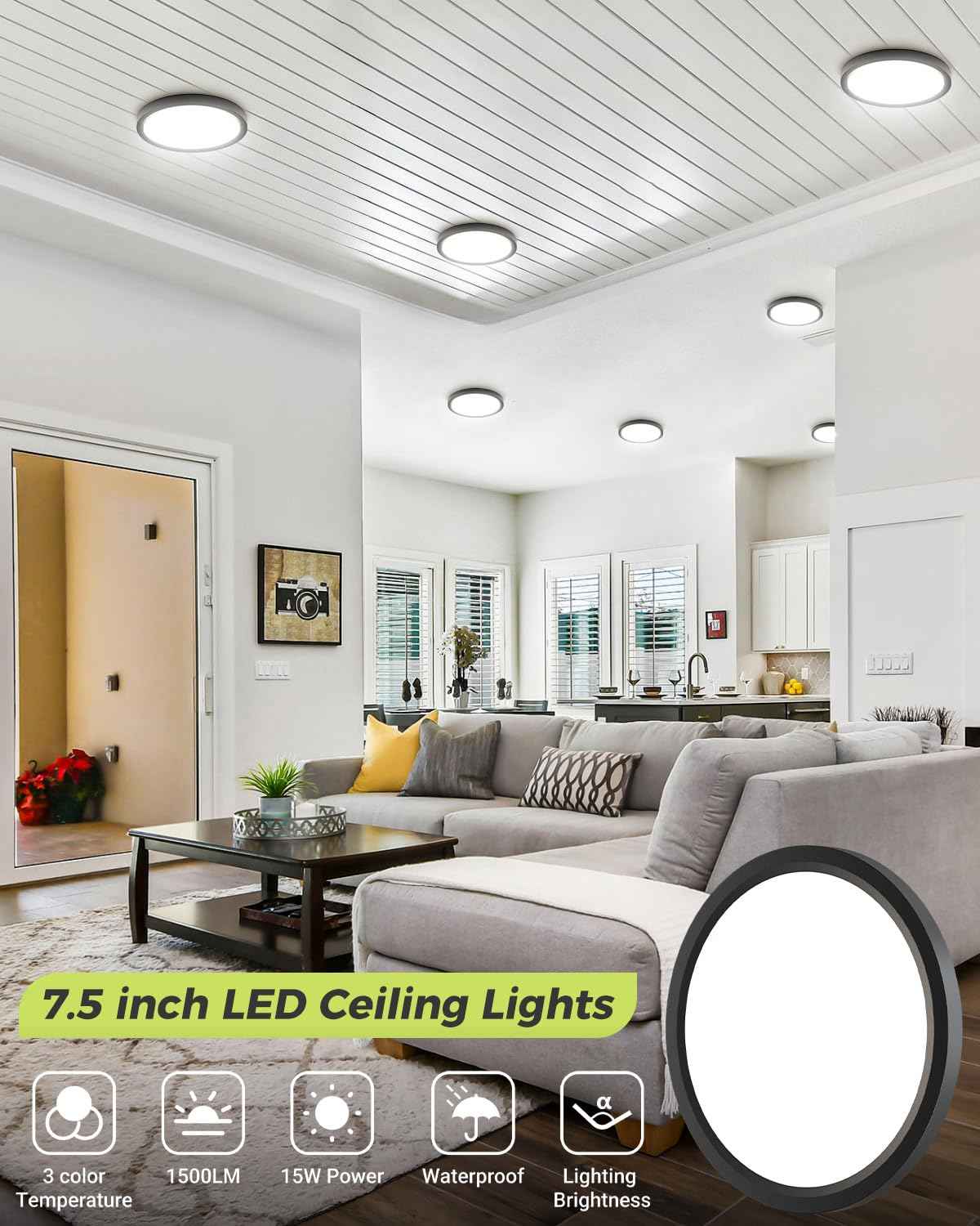 2PACK LED Flush Mount Ceiling Light - 3CCT Selectable 3000K-4000K-6500K & 100W Equivalent Modern Kitchen Recessed Ceiling Lamp 15W 1500Lm 7.5 Inch for Bathroom Closet Laundry Bedroom