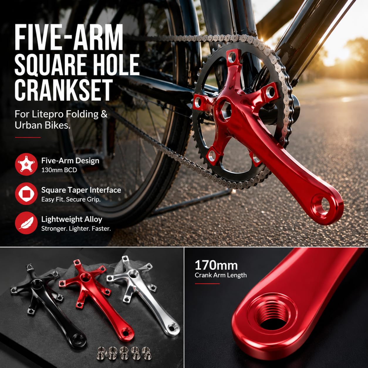 FREERDNG for Litepro Folding Bike Crankset Ultra-Light Square Crank 170MM CNC Aluminum Alloy BMX Bicycle 130BCD Chainwheel Parts Accessory (RED)