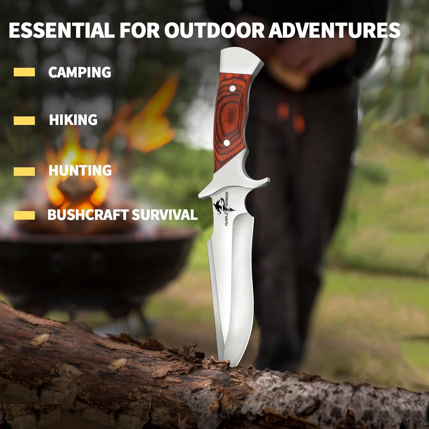 Purple Dragon Camping Fixed Blade Knife with Sheath-6 Inch Outdoor Knife-Full Tang 440C Steel Bushcraft Knife with Redwood Handle-Outdoor Gear Christmas Gift for Men and Women