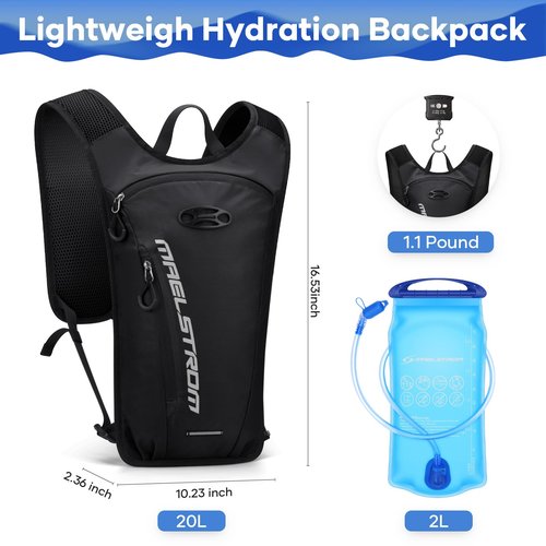 Maelstrom Hydration Backpack, Hiking Backpack with 2L Water Bladder, Running Hydration Vest for Cycling Hiking Rave for Men Women (Black, 2L Bladder)