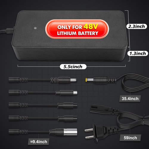 54.6V 2A Electric Bike Charger for 48V Lithium Battery (UL Certified), Input 110-240V, with 6 Jack Connectors (DC2.1MM / DC2.5MM / RCA 8MM / 3-P 8MM / 3-P 12MM/ 3-P XLR) (48V Ebike Battery Only)