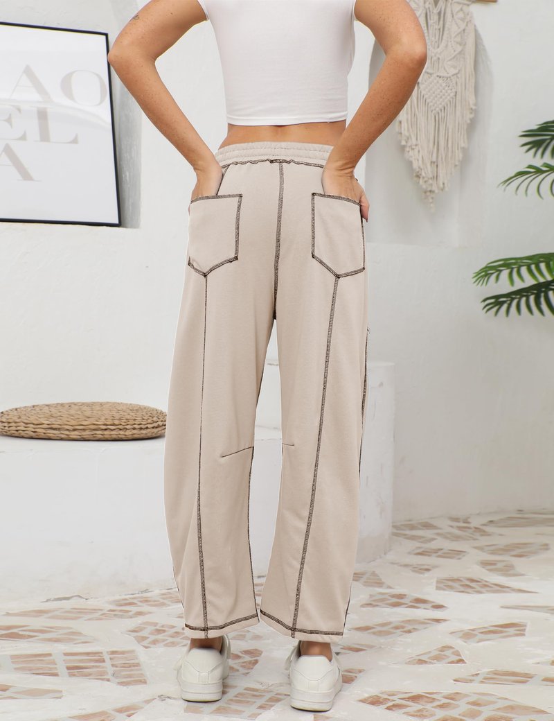Athlisan Womens Baggy Barrel Pants Wide Leg Lounge Drawstring Sweatpants with Pockets(Khaki-M)