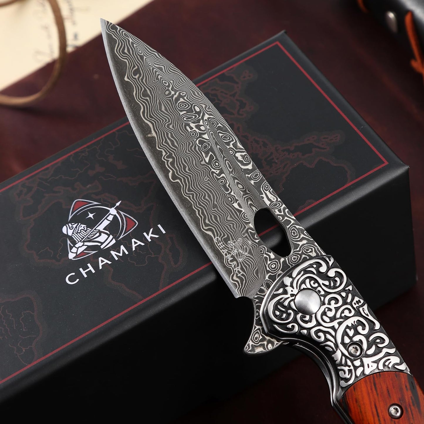 Damascuse Steel Pocket Knife with Leather Sheath - Fashionable Design Sandal Wood Handle 76 Layers VG10 Manual Damascus Folding Knife Sandel Wood Handle Collect Strong and Elegant Outdoor Pocket Knife