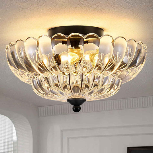 Modern 3-Bulb Semi Flush Mount Ceiling Light Fixture - Vintage Amber Glass for Bedroom, Kitchen, Living Room