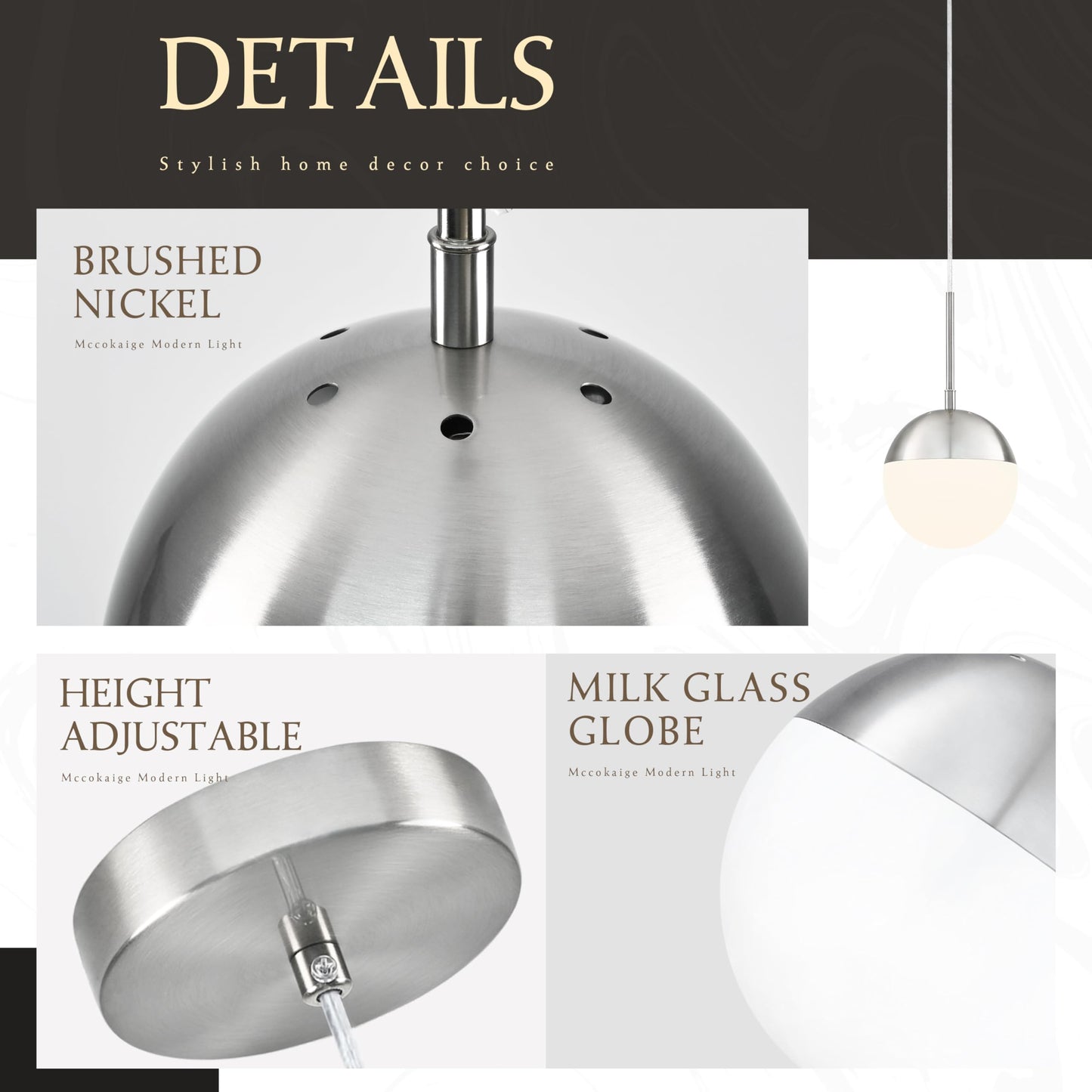 Mccokaige 6 Inch Nickel 2 Pack Mid Century Modern Pendant Light Pendants for Kitchen Island Frosted Milky White Glass Globe Height-Adjustable Modern Hanging Globe Pendant Light for Bedroom (Bulb Incl)