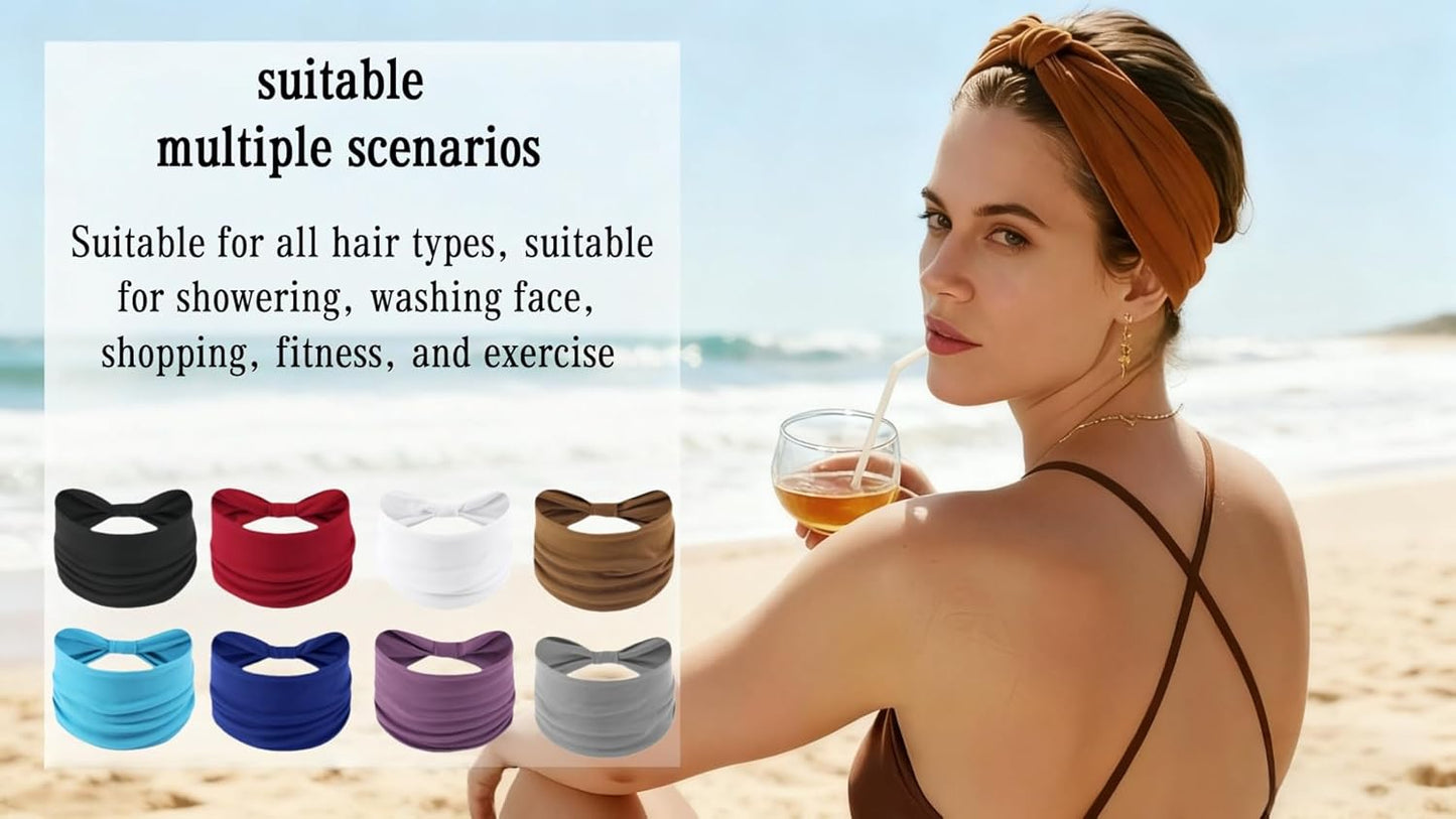 Skiennix Wide Elastic Headbands - Soft Knotted Design for Makeup & Sports | 8-Pack Non-Slip Hair Bands