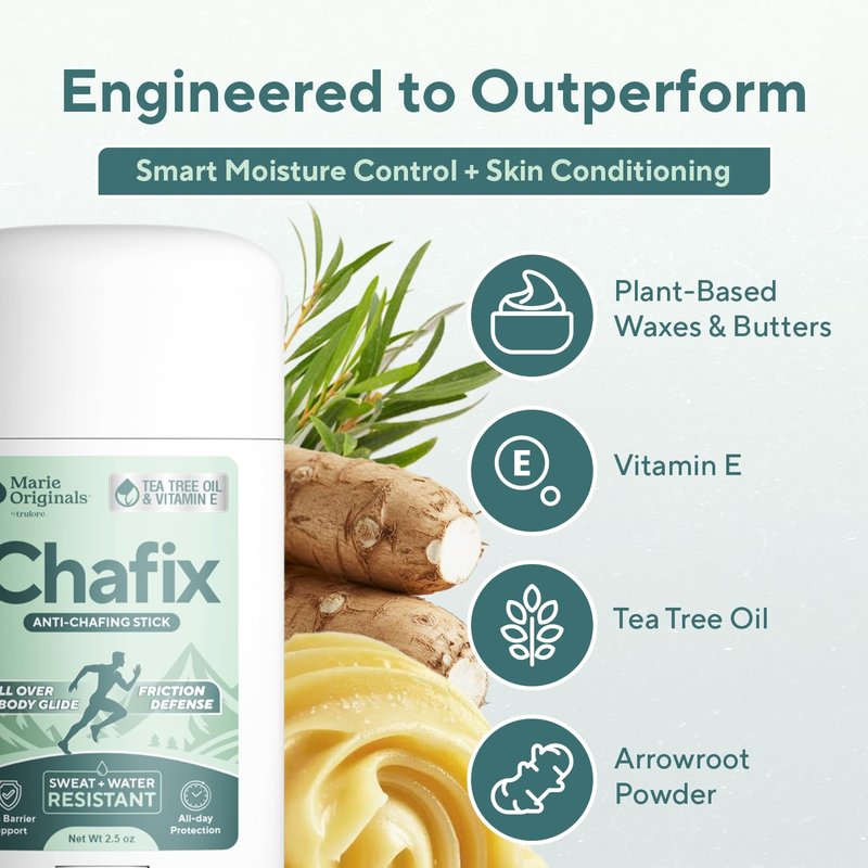 Marie Originals Chafix Anti Chafing Stick – 2.5oz | Plant-Based Anti Chafe Stick with Shea Butter, Arrowroot & Tea Tree | Sweat & Water Resistant, No White Residue, Non Greasy Thigh Rub Protection