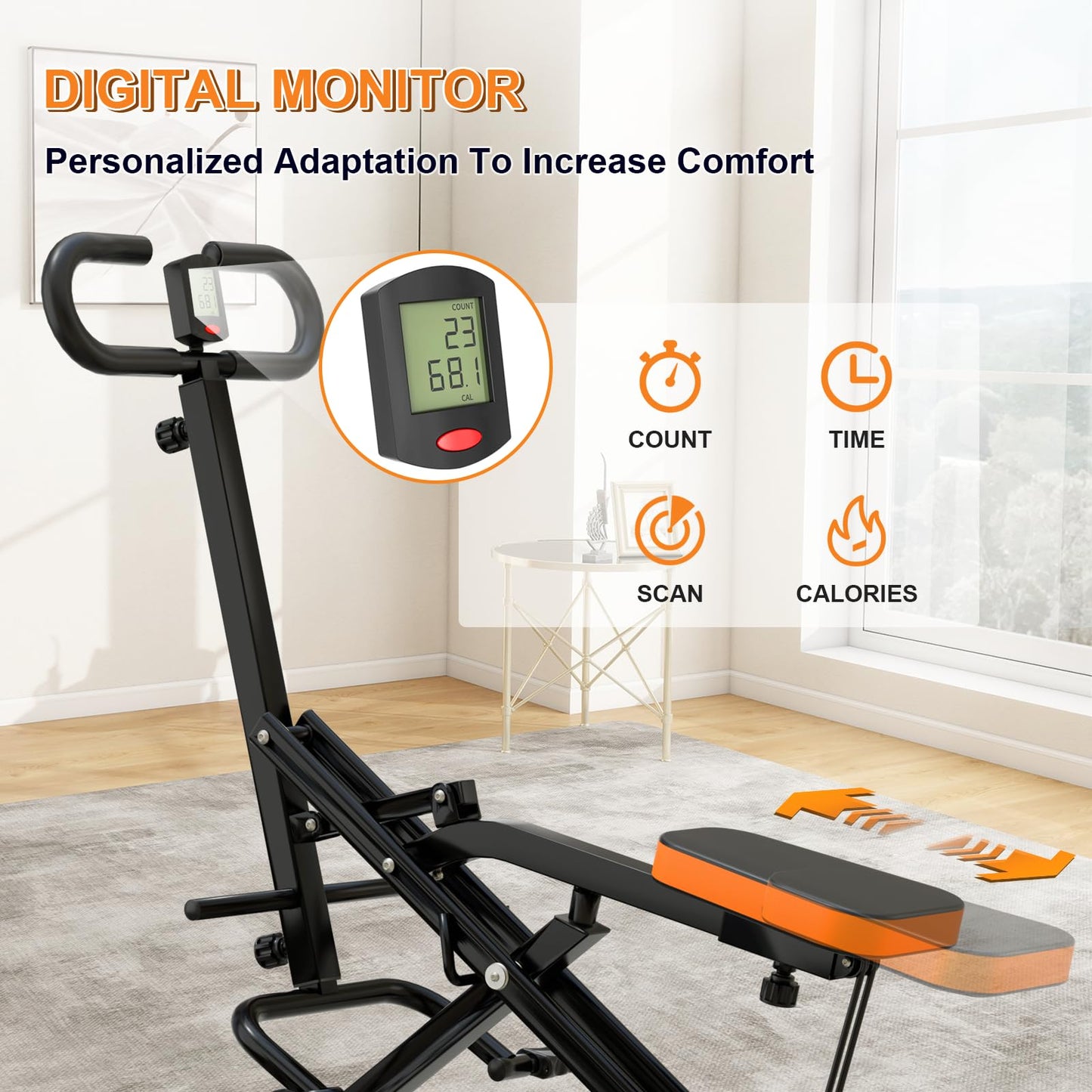 RIVANO Squat Machine, Ab Workout Equipment, 265lbs Loading Capacity Rowing Machines for Home Foldable with Adjustable Resistance Bands and Display, Exercise Trainer for Botty Butt Thighs, Grey