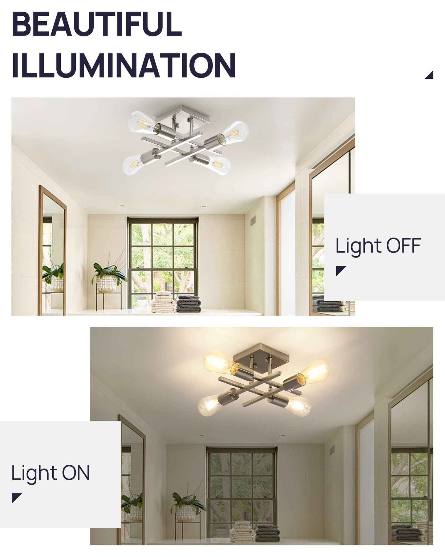 Eidonta Industrial 4-Light Semi Flush Mount Ceiling Light Fixture, 3 Pack Modern Brushed Nickel Chandelier Lighting, Farmhouse Sputnik Ceiling Lamp, E26 Base Pendant Lamps