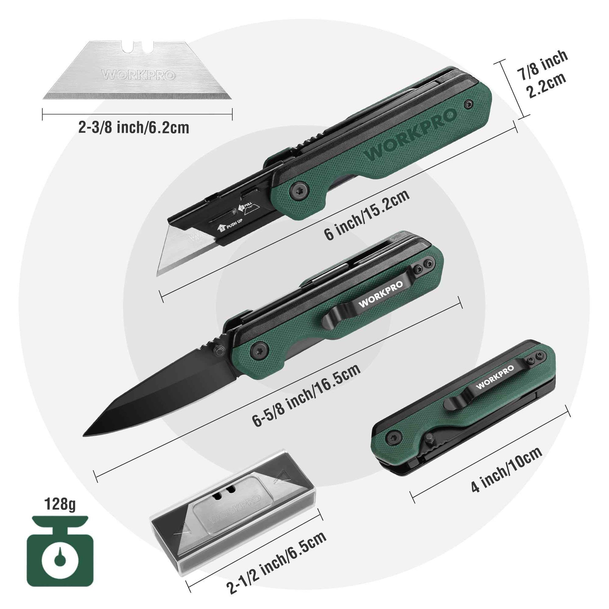 WORKPRO 2-in-1 Folding Knife/Utility Knife, Quick-Change Box Cutter with Belt Clip, Liner Lock, and G10 Handle, Extra 10 SK5 Blades Included, Green