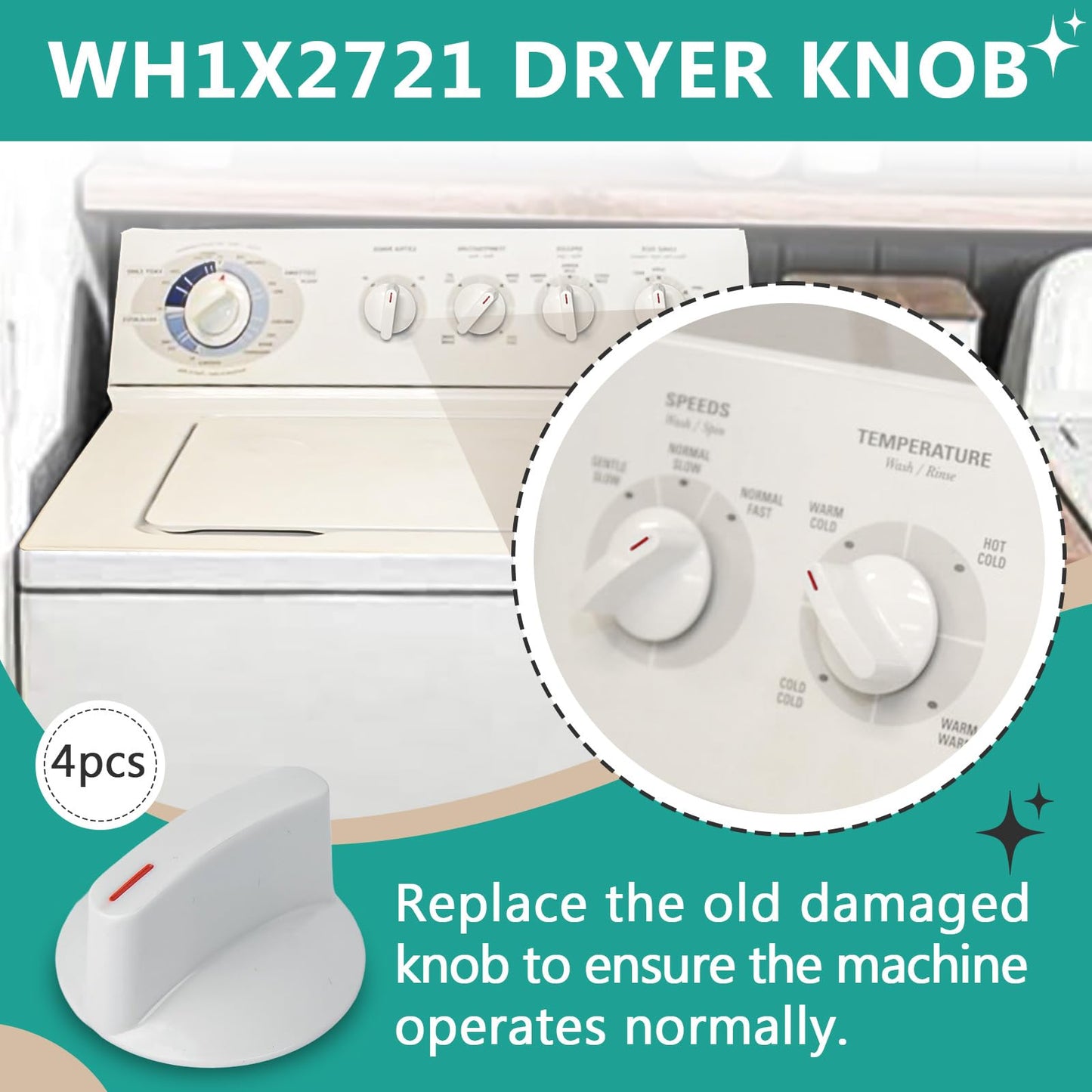 4 Pcs WH1X2721 Dryer Knob Compatible With GE Hotpoint Washer Dryer Machine, Replace AP2044893 123C7931 EA271094 PS271094
