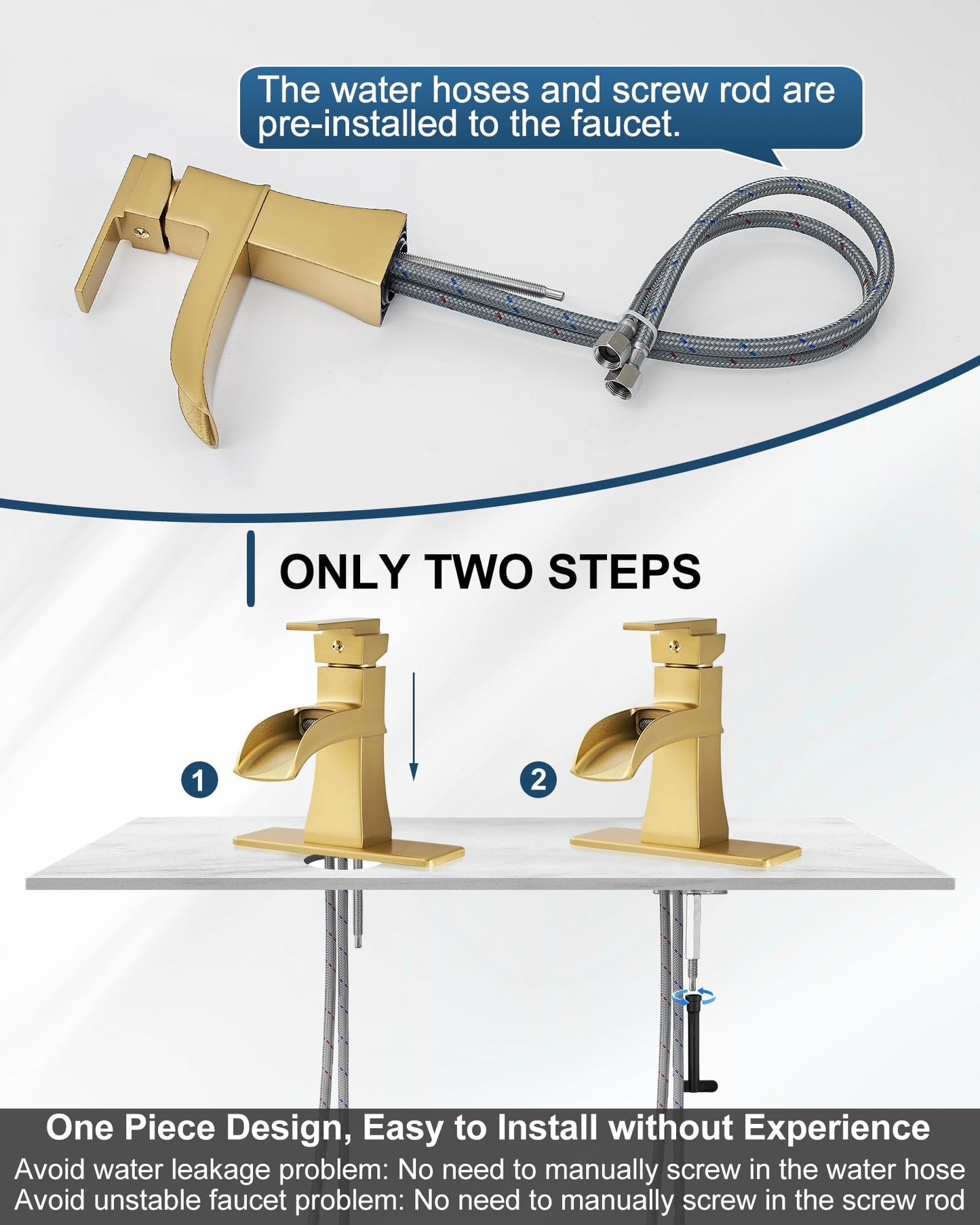 HOIGY Brass Waterfall Faucet, Brushed Gold Bathroom Faucet, Single Handle for One Hole or 3 Holes 4 Inch with Pop-Up Drain, Pre-Installed Supply Hoses and Deck Plate for Vanity RV Farmhouse Modern