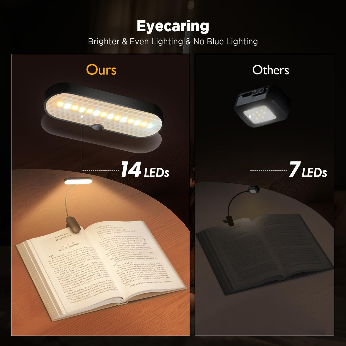 Book Light for Reading at Night - 3 Color Modes & 70 Hours Runtime Reading light for books in bed, Rechargeable LED Book Light Clip On with Flexible Neck, Eye-Care, Gift for Book Lovers, Matte Black