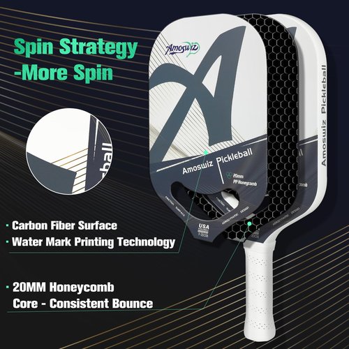 Amoswiz Carbon Fiber Pickleball Paddle, Edgeless Pickleball Paddle with Water Mark Printing Surface & Aero Throat Design, USAPA Approved Pickle Ball Paddle Set, 20MM Honeycomb Core Racket