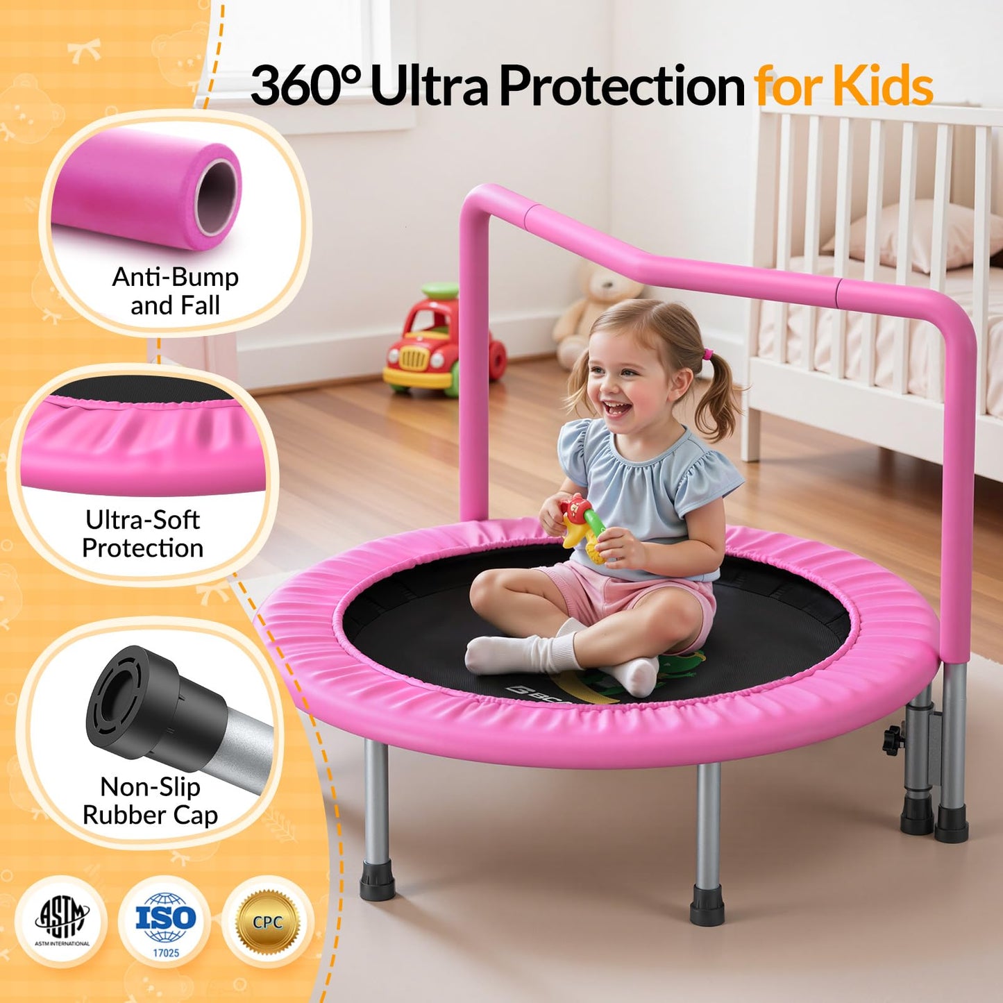 BCAN SP1 36'' Kids Toddler Trampoline Indoor, Foam Handle | FED Fitness