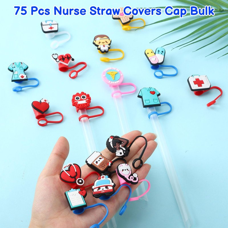XLSXEXCL 75 Pcs Nurses Straw Cover Caps Compatible with Stanley Cup, Silicone Cute Reusable Straw Toppers for Cups 30&40 Oz Tumbler Accessories 10mm