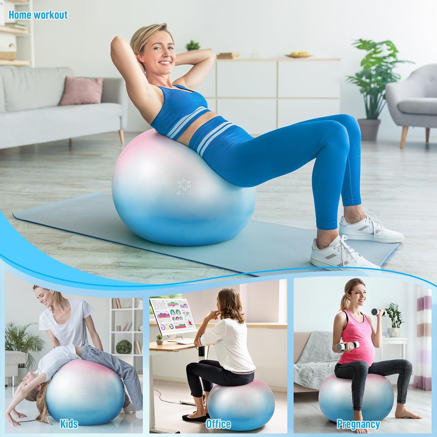 Sportneer Extra Thick Exercise Ball - 25.6''Yoga Ball with Quick Pump - Anti-Burst and Slip Resistant Fitness Ball Chair for Pregnancy and Physical Therapy (Pink Blue)