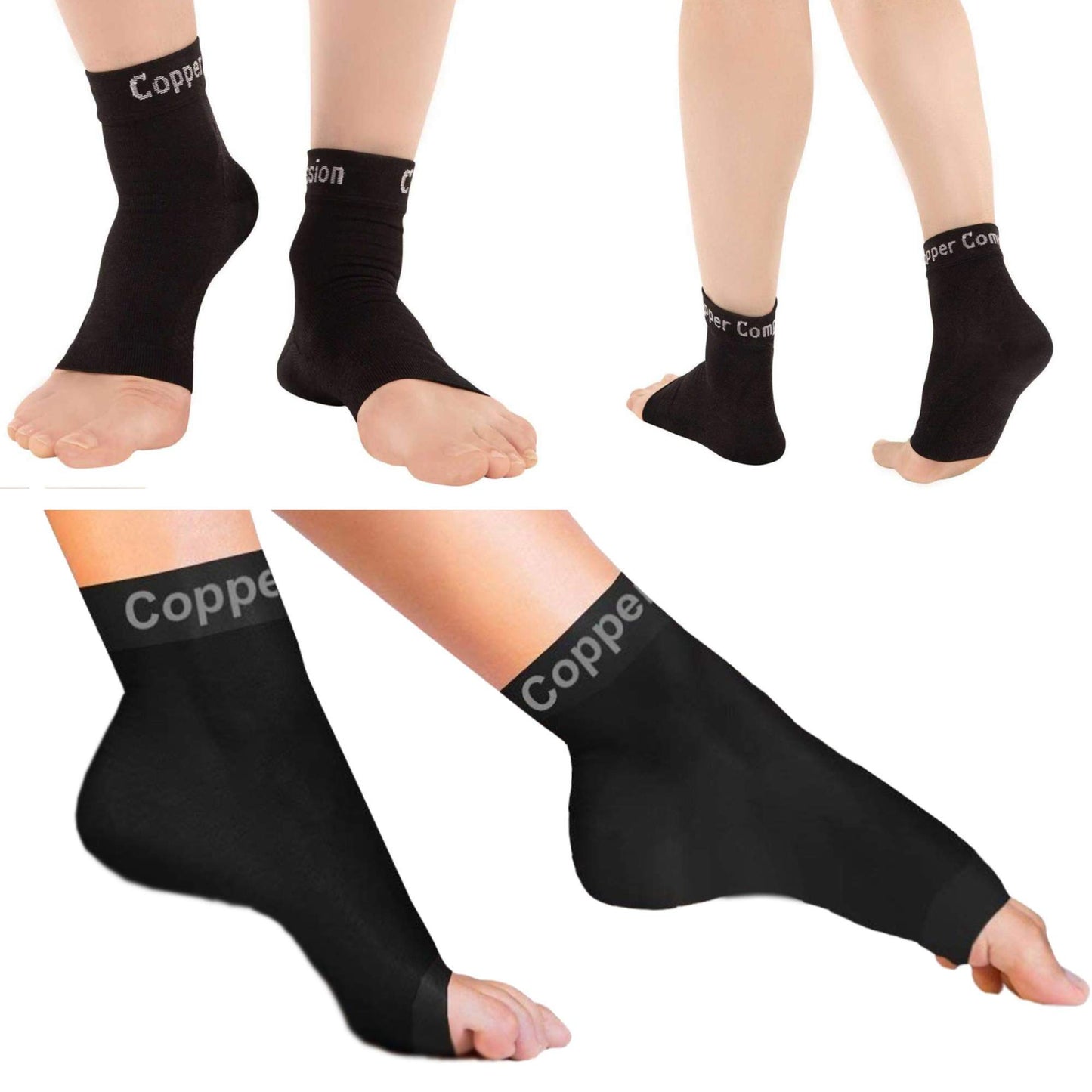 Copper Compression Foot Sleeves - Plantar Fasciitis, Achilles, Ankle Support Brace Socks - Day/Night Relief from Heel Spurs, Arch Pain, Swelling, Soccer Injuries, Golf, Running - 1 Pair Black - S/M