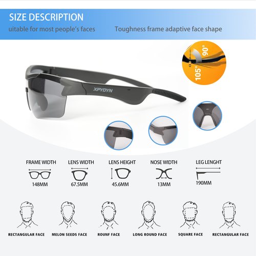 XPYDYN Bluetooth Sports Sunglasses - Smart Glasses with Built-in Audio & Speakers, Polarized UV Protection, Matte Black Frame, Smart Sunglasses for Running, Cycling, Driving, Fishing (Black)