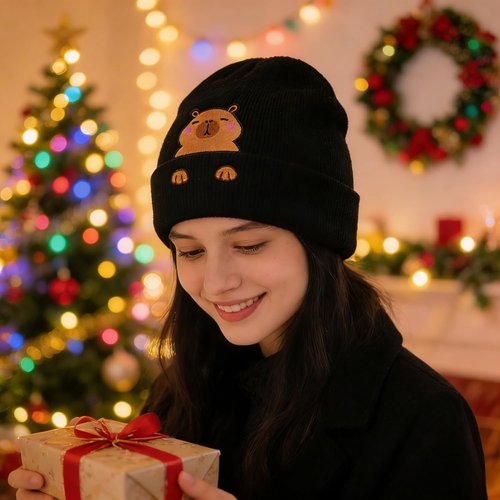 Zgboaht Capybara Head Embroidery Knit Beanie Hat for Adult and Big Kids Personality Watch Cap Winter Warm Skull Cuffed Hats