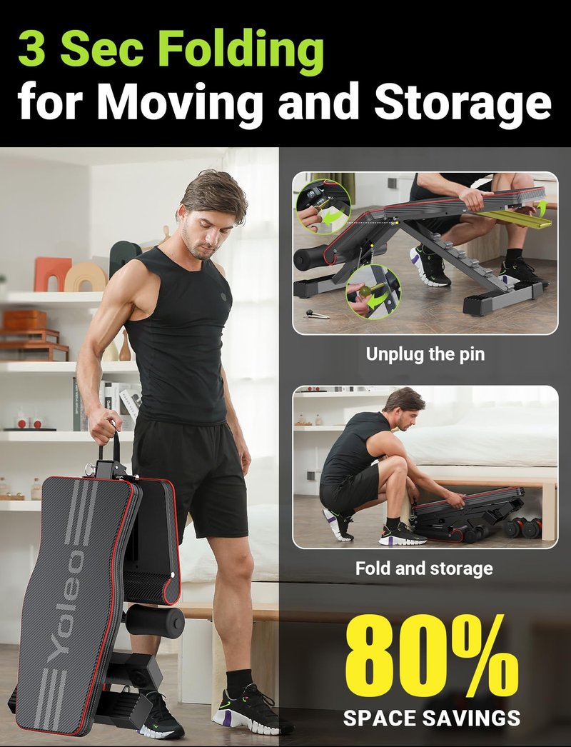 YOLEO Adjustable Weight Bench for Home Gym, ASTM-Certified 827LBS, 95% Pre-Assembled, Foldable Gym Bench with 84 Positions Incline Decline Flat, Wider Seat