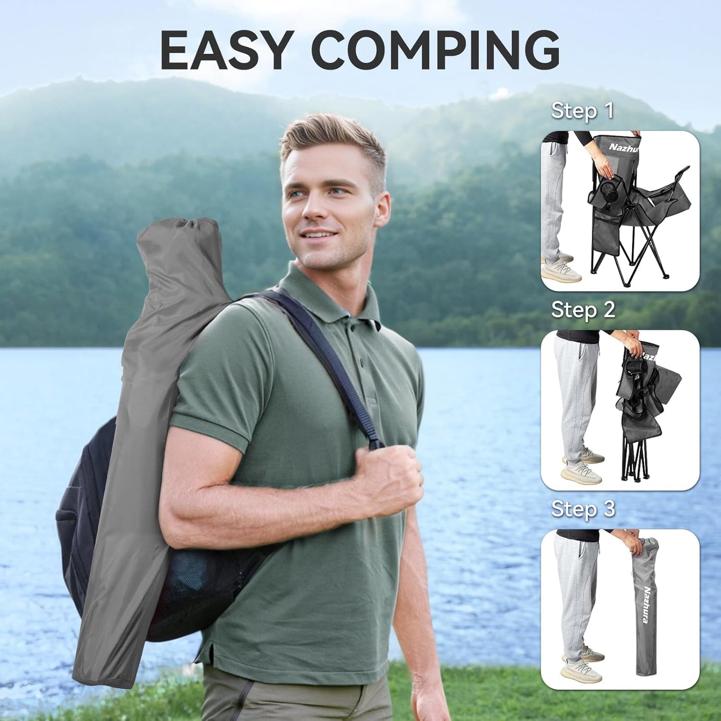 Nazhura Portable Folding Camping Chairs - Mesh Backrest & Cooler Pouch | Grey, Set of 2