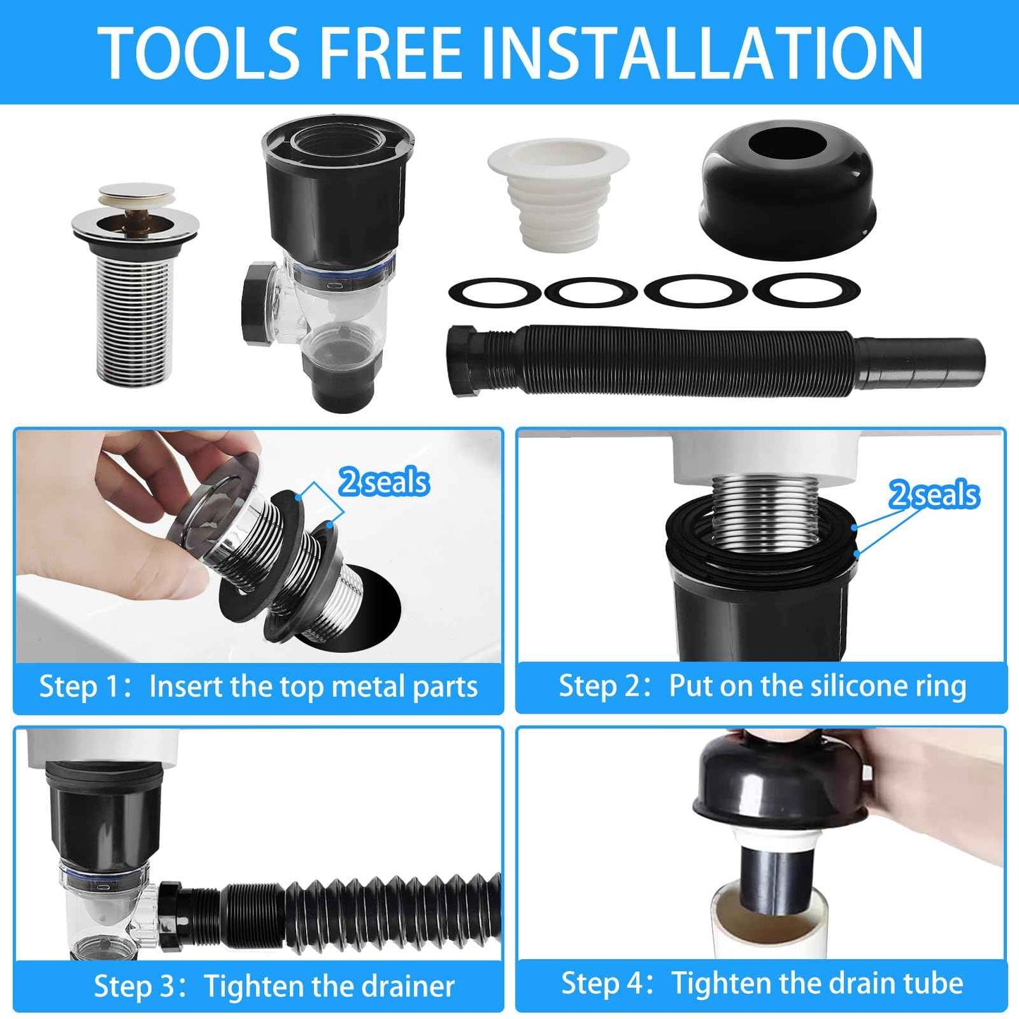 Bathroom Sink Drain kit Black,That can be Used with or Without Overflow,Bathroom Sink Drain with Strainer Basket Hair Catcher and pop-up Stopper， for 1-1/4'' & 1-1/2'' RuQiankun