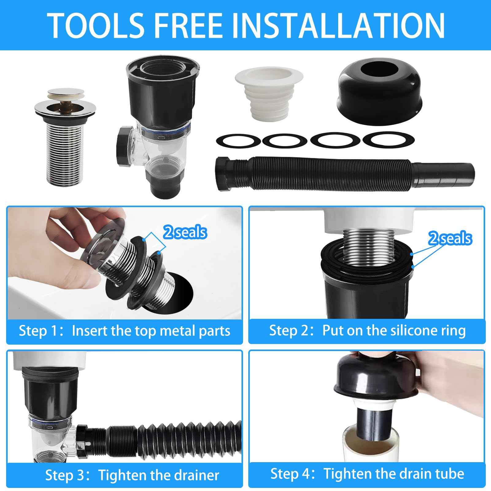 Bathroom Sink Drain kit Black,That can be Used with or Without Overflow,Bathroom Sink Drain with Strainer Basket Hair Catcher and pop-up Stopper， for 1-1/4'' & 1-1/2'' RuQiankun