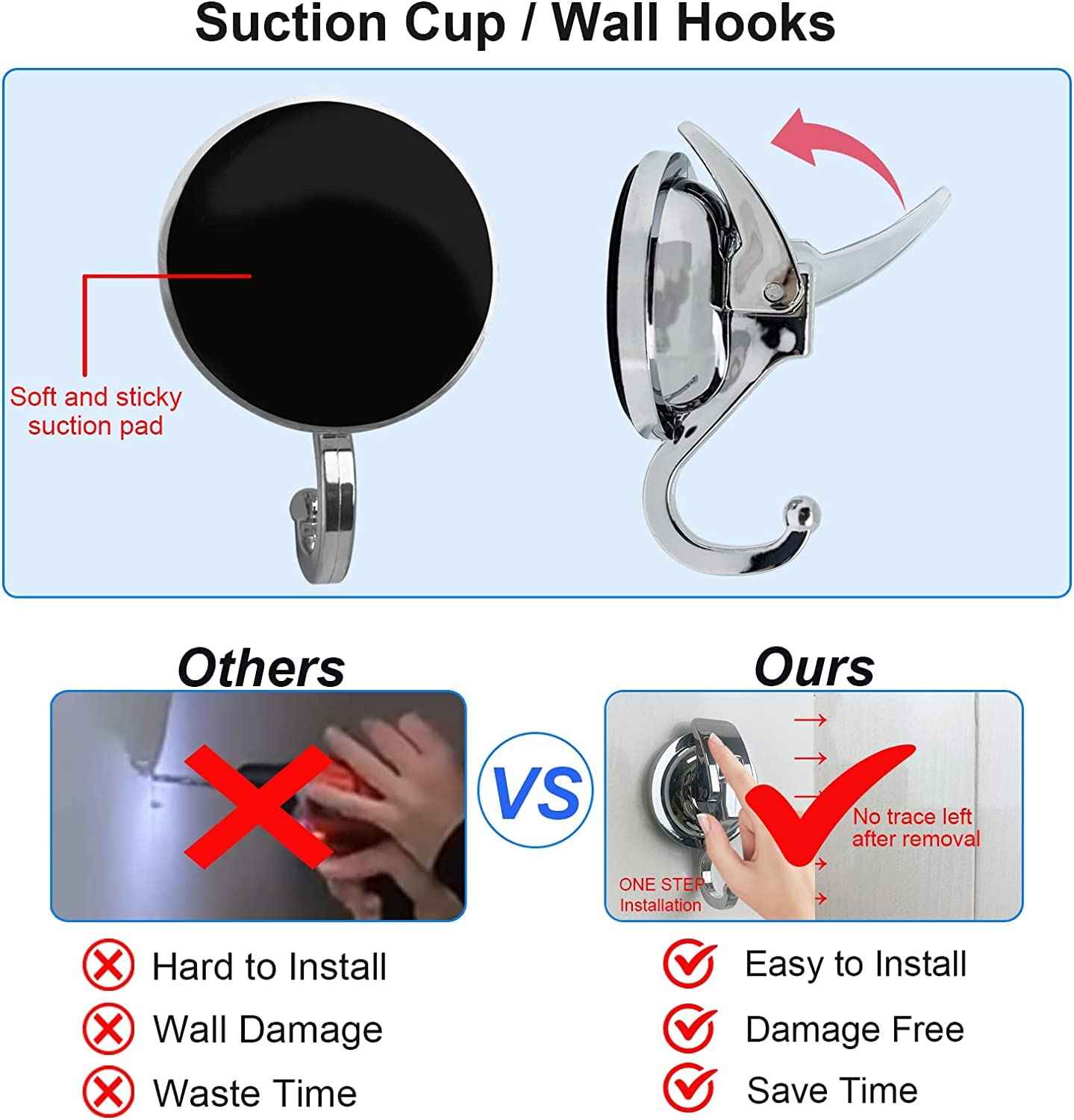 YSSILADI Suction Cup Hooks - Heavy Duty Glass, Reusable, No Hole Punched, for Bathroom Robe & Garland (Silver, 4 Pack)