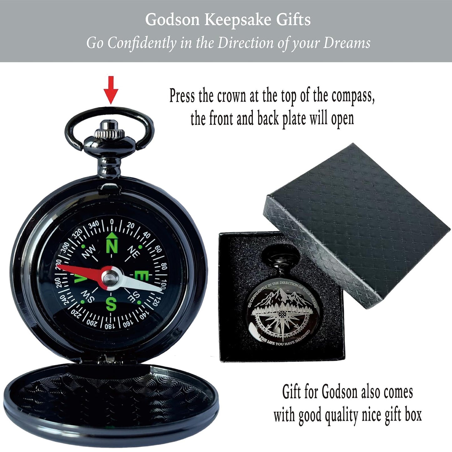Godson Gifts from Godmother Godfather, Go Confidently Pocket Compass Engraved Black, to My Godson Pocket Token, Inspirational Keepsake Gifts Ideas for Godson Birthday Graduation Christmas Baptism