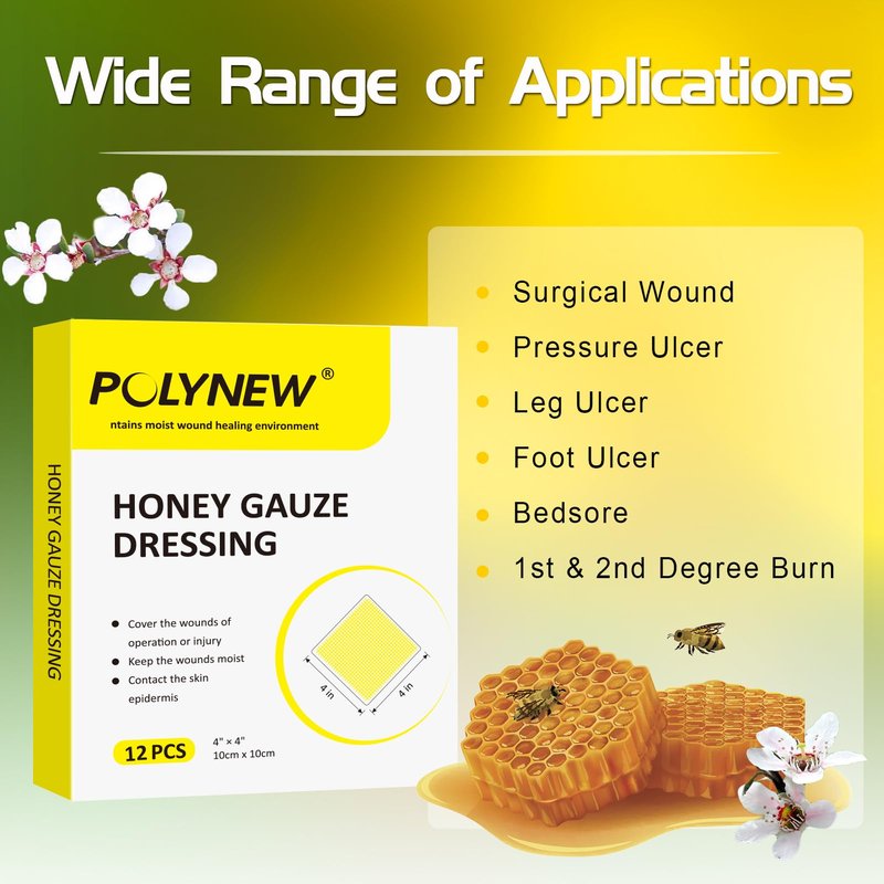 Polynew Manuka Honey Gauze Dressing, 12 Individual Pack, 4"x4" Patches, Manuka Honey Wound Care Gauze, for Cuts, Scald and Burns for Wound Healing Dressing