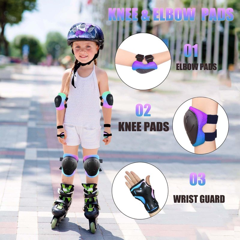 HocIece Kids/Youth Knee Pads for Kids 3-14Years Boys Girls 6 in 1 Kids Protective Gear Set Adjustable Knee Pads, Elbow Pads, for Skating Cycling Bike Rollerblading Scooter Roller Skates