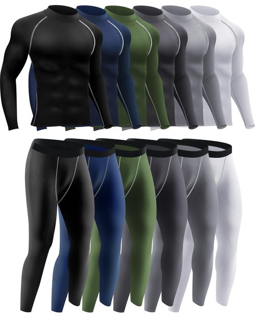 Hicarer 4/6 Set Men's Compression Shirts Pants Long Sleeve Base Layer Set Thermal Underwear for Men Running Gym Yoga Sports(6 Set,Dark Colors,Large)