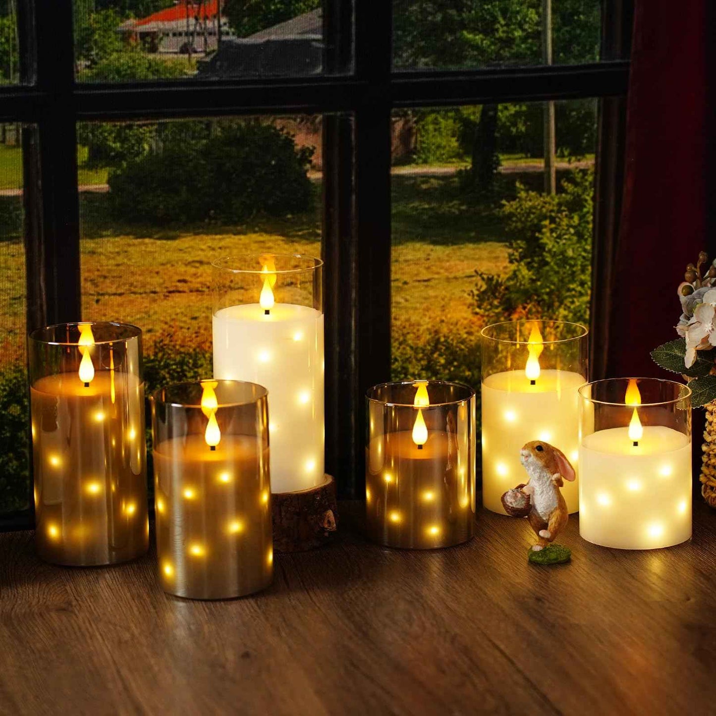 Nimiko Real Wax Flameless Candles Glass,Battery Operated LED Candles with Flickering Flame,Glass Shell,Interior Star Light Decoration Set of 3 White (D3×H 4" 5" 6") for Home Decor,Holiday Decoration