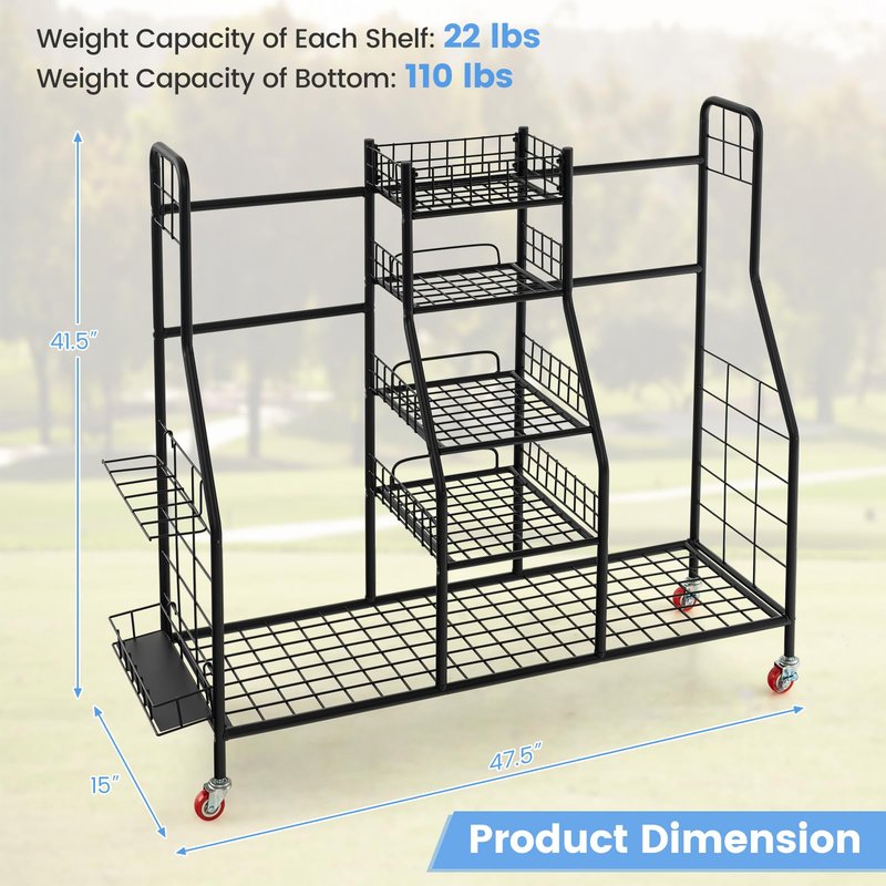 Tangkula Golf Bag Storage Rack for Garage, Heavy Duty Metal Double Golf Bag Storage Rack with Removable Golf Club Stand, Shelves & Lockable Wheels, Extra Large Golf Equipment Organizer for Garage