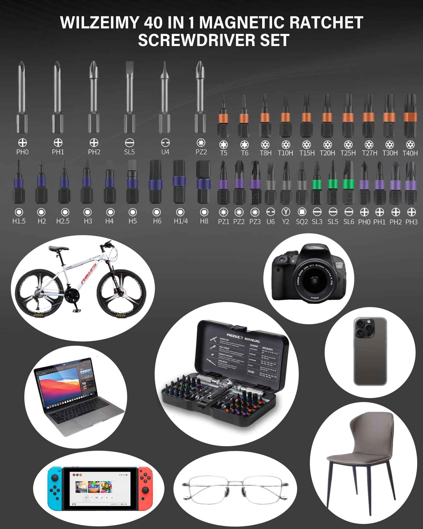 40 in 1 Magnetic Screwdriver Set, Detachable T Handle Ratchet Screwdriver Set, Portable DIY Ratcheting Screwdriver Multi S2 Steel Bits Repair Small Tool Kit for Computer, Mobile, Bicycle, Furniture