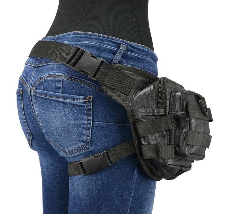 Milwaukee Leather MP8840 Black Leather Conceal and Carry Tactical Thigh Bag with Waist Belt - One Size