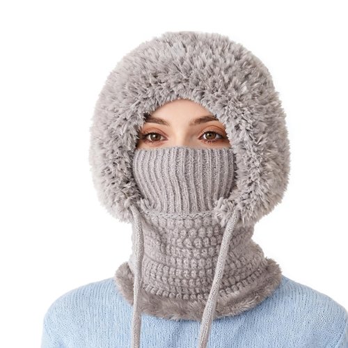 3 in 1 Beanie Hat with Scarf and Mask, Women’s Plush-Lined Winter Balaclava, Wind-Resistant Knitted Hooded Scarf & Ski Mask Set for Cold Weather (Grey)