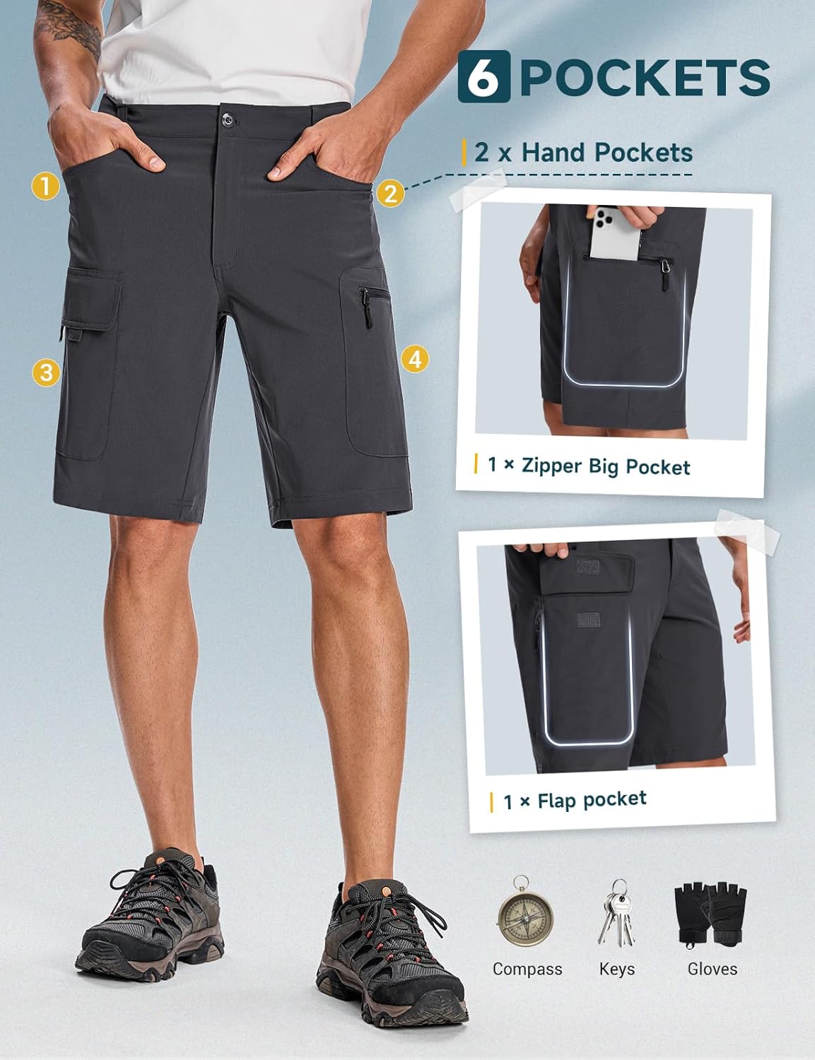 Moosehill Men's Hiking Shorts - Lightweight, Quick-Dry, Water-Resistant | 6 Pockets for Outdoor Adventures