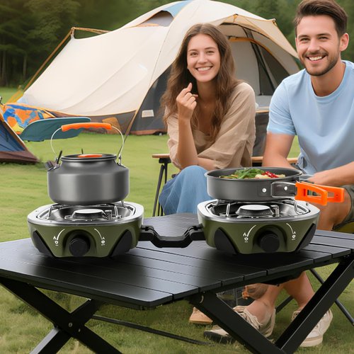 INFOOD Propane Camping Stove 20,000 BTU - Portable 2 Burner Gas Stove with Adjustable Flame Control, Piezo Ignition, Carry Bag & Propane Adapter Hose, Folding Design for Camp, BBQ, Tailgating, Green