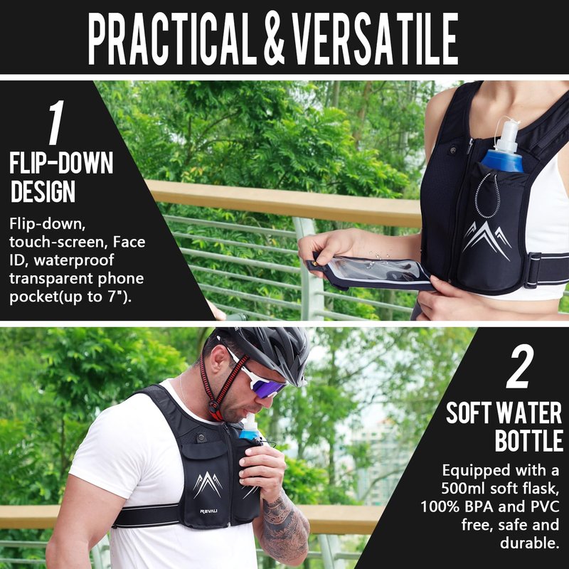 REVALI Running Vest, USA Original Patent, Zip Reflective Running Vests with 500ml Hydration Bottle, Adjustable Waistband & Breathable Material, Chest Pack Gear Phone Holder for Men & Women