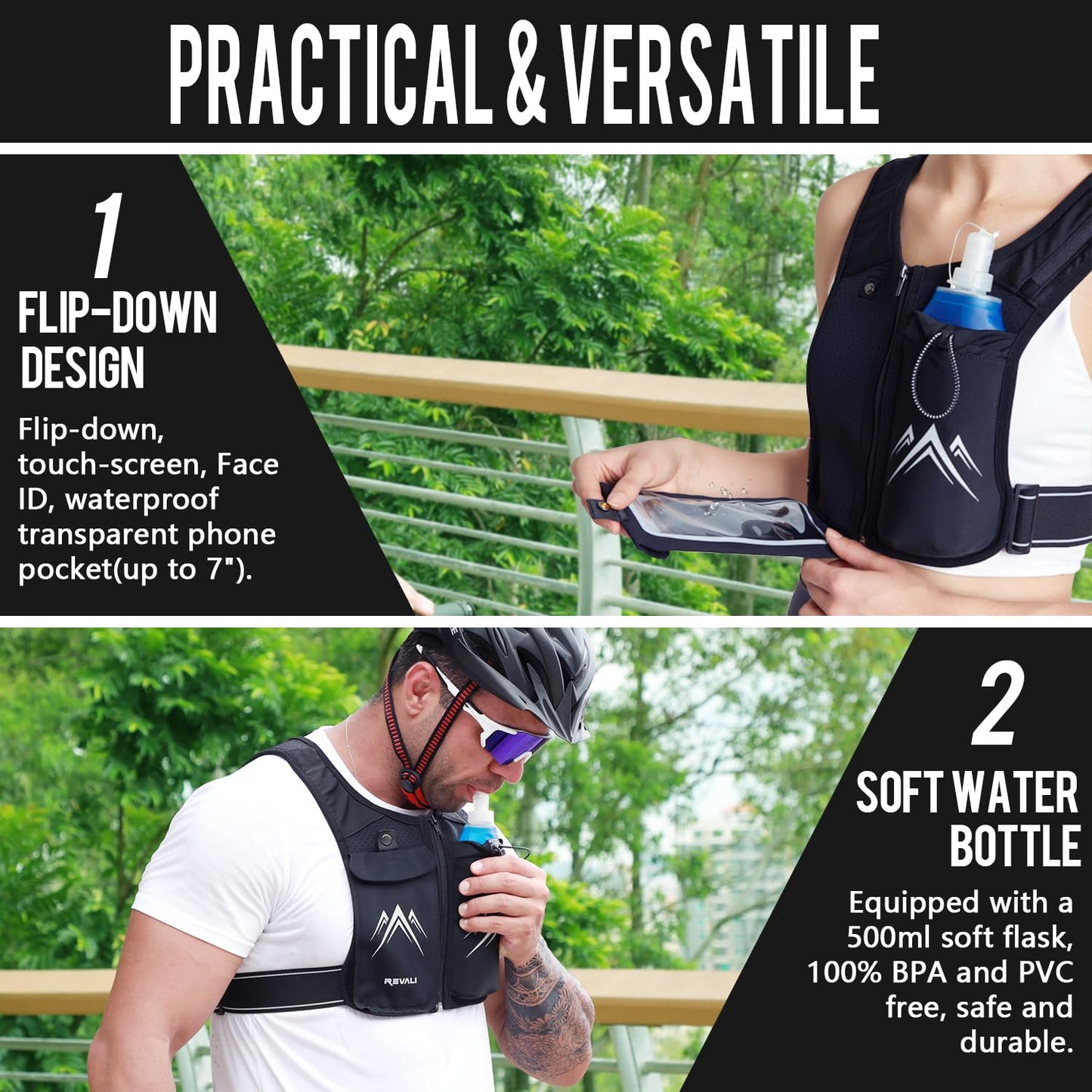 REVALI Running Vest, USA Original Patent, Zip Reflective Running Vests with 500ml Hydration Bottle, Adjustable Waistband & Breathable Material, Chest Pack Gear Phone Holder for Men & Women