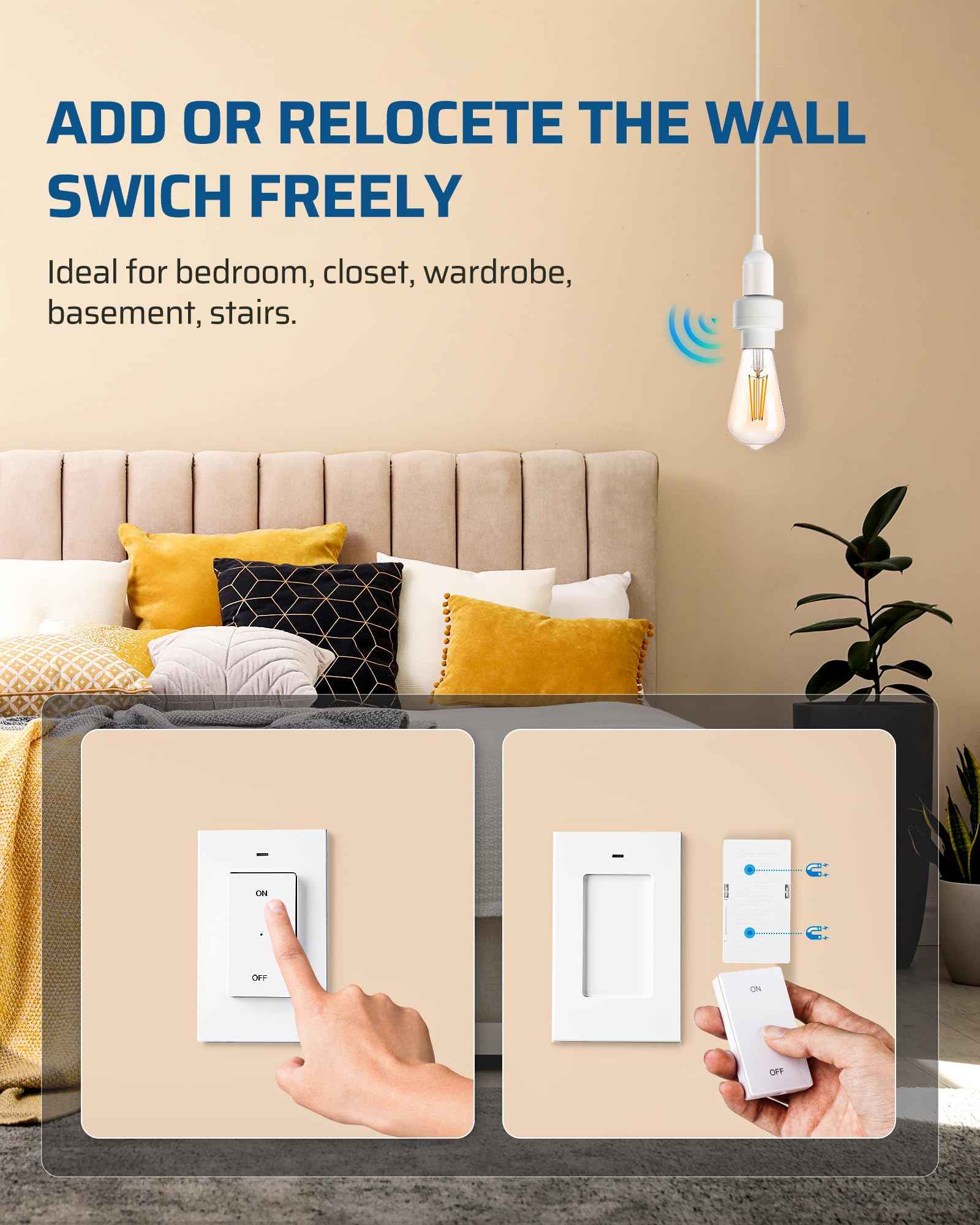 DEWENWILS Remote Control Light Socket, Wireless Light Switch for Pull Chain Light Lamp Fixtures, 100FT Range, No Wiring Needed, ETL Listed(2 Wall Mounted Switch+1 Socket, Shorter Version)